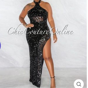 NEVER WORN BLACK SEQUINS MESH DETAILS HALTER MAXI DRESS